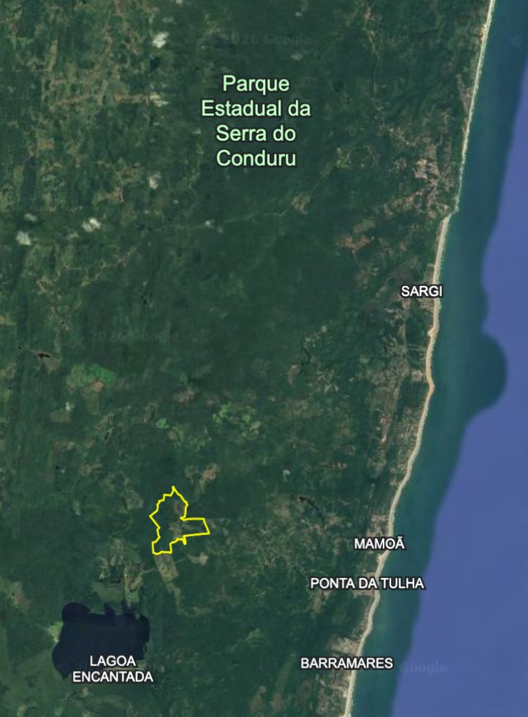 Mapa de satélite do terreno junto à fronteira do Parque Estadual da Serra do Conduru